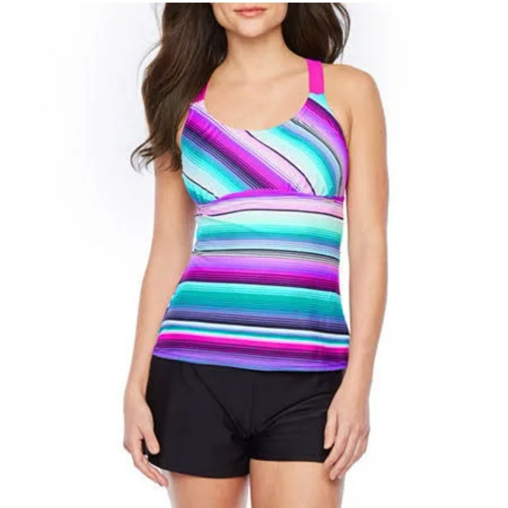 ZeroXposur Suspend Purple Blue Multi Stripe Tankini Swim Top Extra Small XS